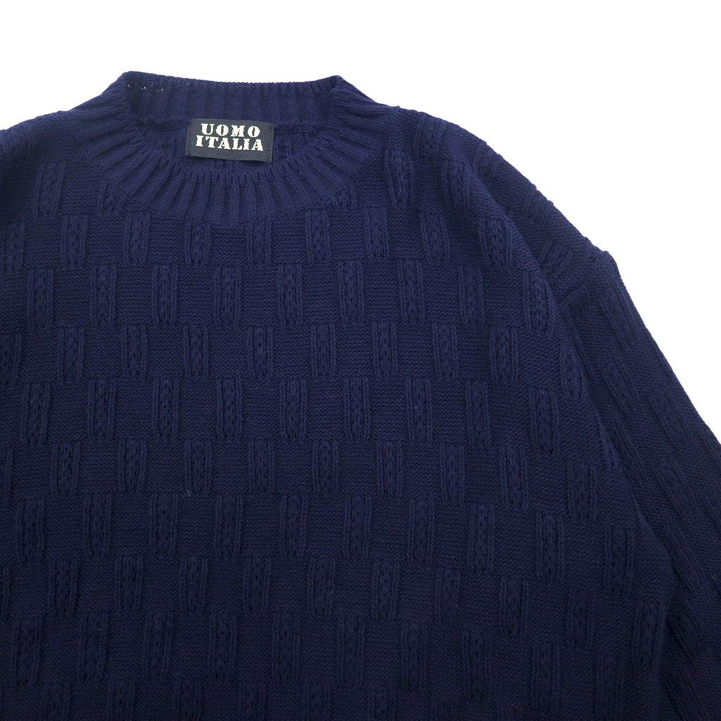 Vintage 90s Jacquard Knit UOMO ITALIA アクリル ニット ブロックチェック ジャガード セーター M ネイビー