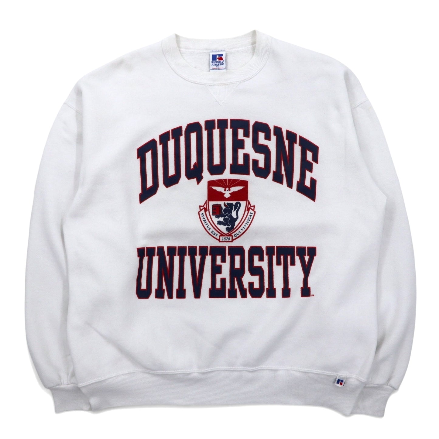 USA製 90年代 RUSSELL ATHLETIC カレッジ プリント スウェット XL ホワイト コットン アーチロゴ 3段プリント DUQUESNE UNIVERSITY