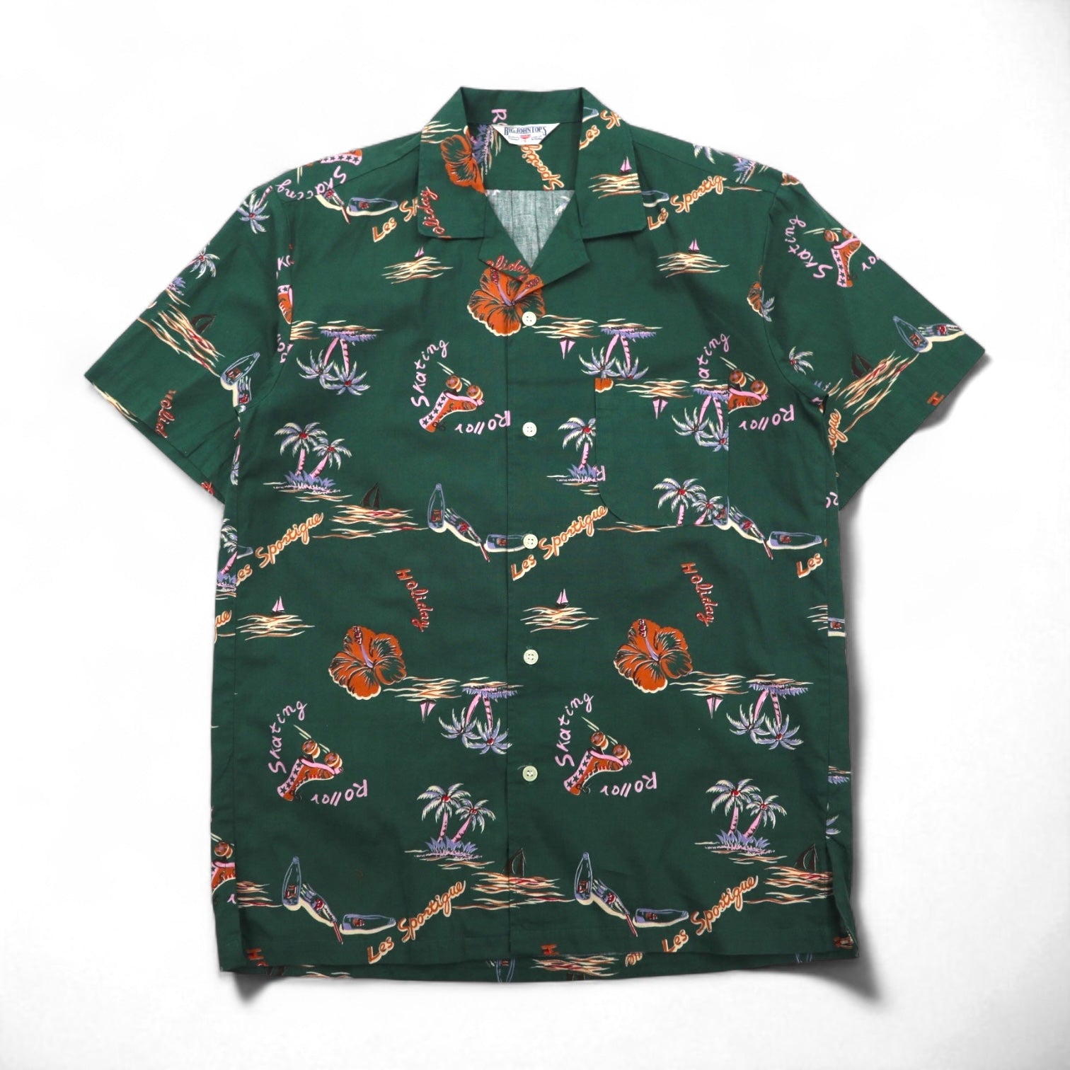 BIG JOHN 90s Open Collar Aloha Shirt, Box Shirt, Size S, Green, Cotton, All-Over Print, Beach