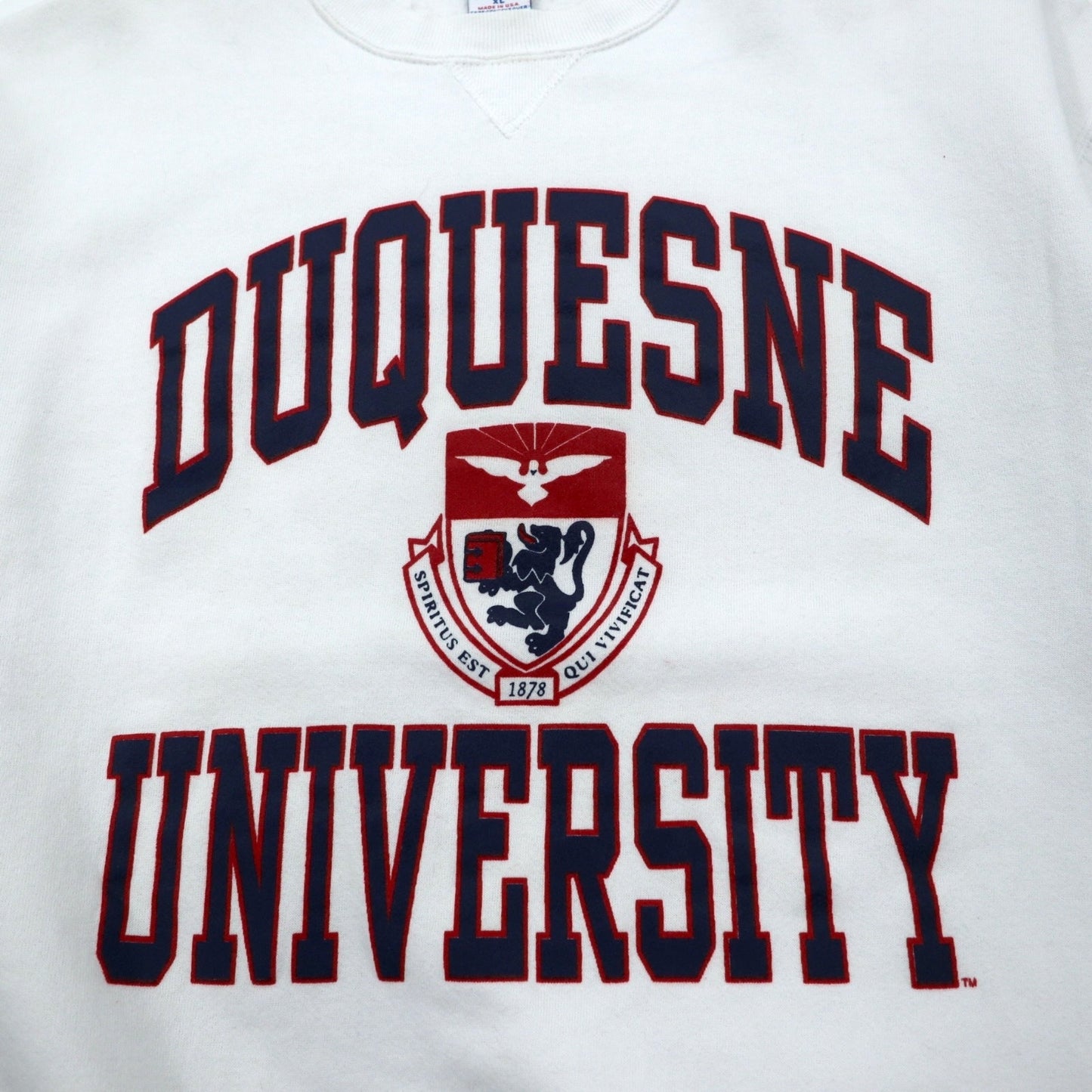 USA製 90年代 RUSSELL ATHLETIC カレッジ プリント スウェット XL ホワイト コットン アーチロゴ 3段プリント DUQUESNE UNIVERSITY