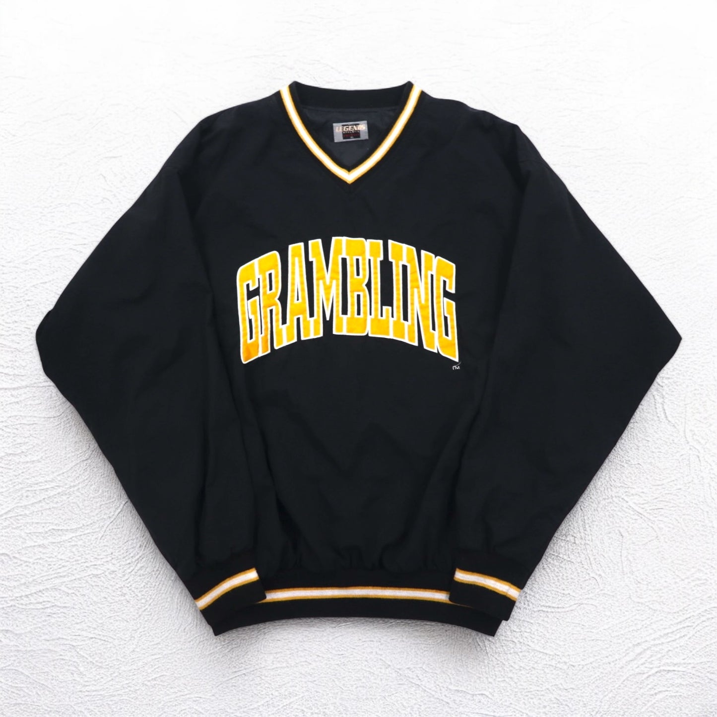 LEGENDS ATHLETIC USA製 90年代 リブライン ピステ プルオーバー ナイロンジャケット XL ブラック カレッジ GRAMBLING アーチロゴ