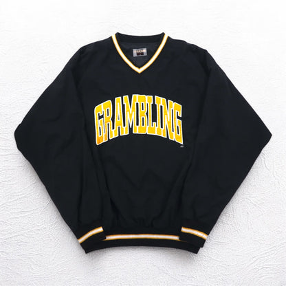 LEGENDS ATHLETIC USA製 90年代 リブライン ピステ プルオーバー ナイロンジャケット XL ブラック カレッジ GRAMBLING アーチロゴ