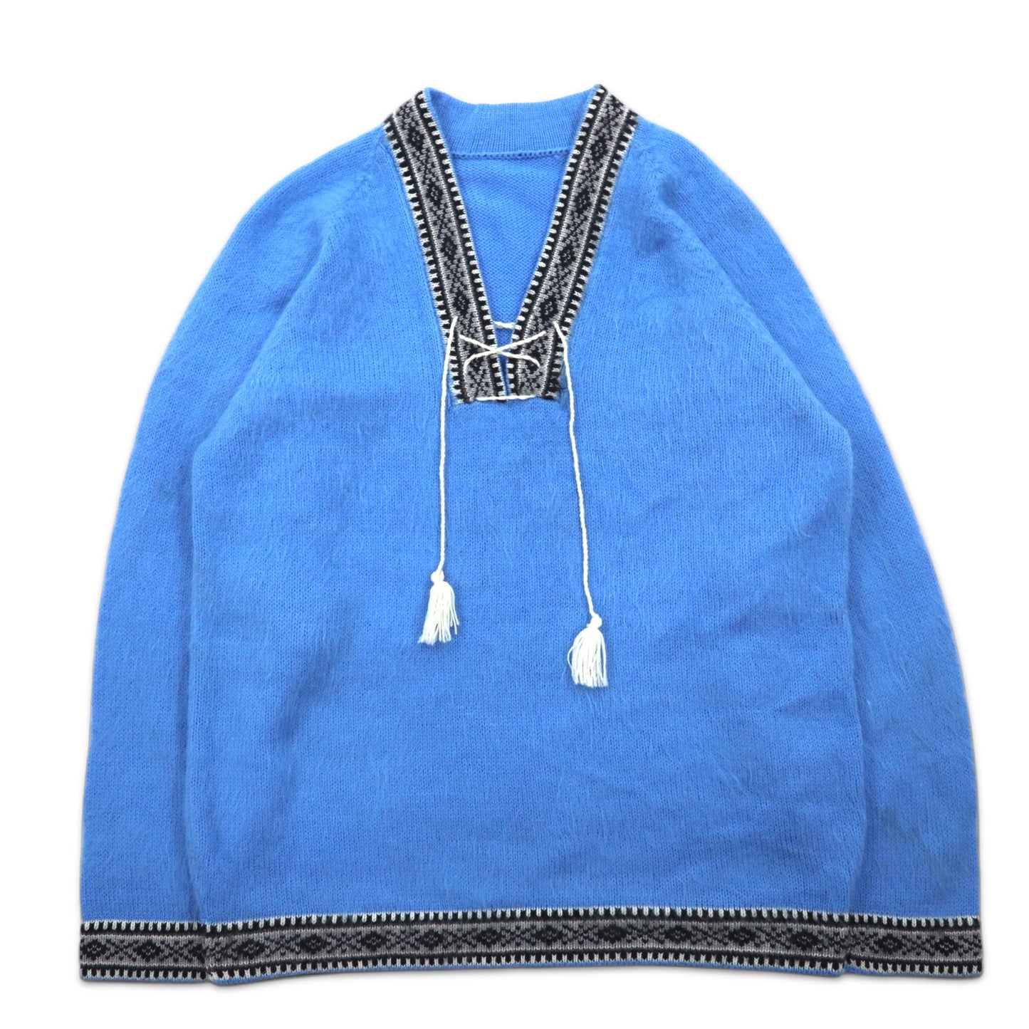 Vintage Tyrolean Knit Sweater チロリアン ニット セーター M ブルー アクリル フリンジ ノルディック