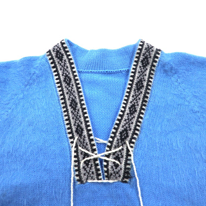 Vintage Tyrolean Knit Sweater チロリアン ニット セーター M ブルー アクリル フリンジ ノルディック