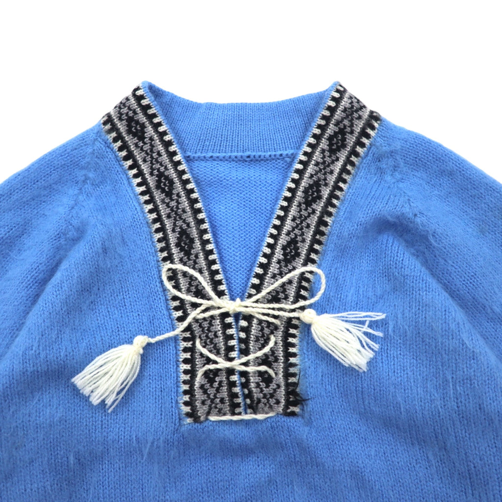 Vintage Tyrolean Knit Sweater チロリアン ニット セーター M ブルー アクリル フリンジ ノルディック