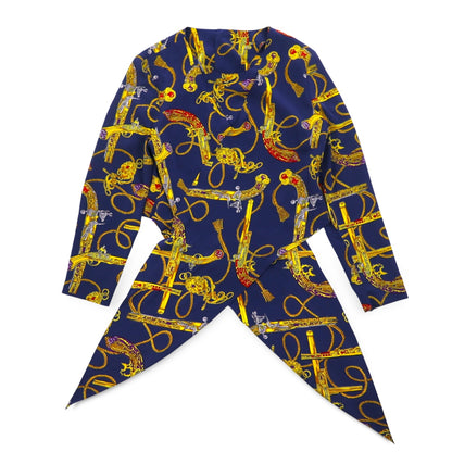 Vintage 90s Retro Blouse Front-tied cropped shirt Retro blouse M Navy Back button Gold button Scarf All-over pattern Ribbon-tied hem