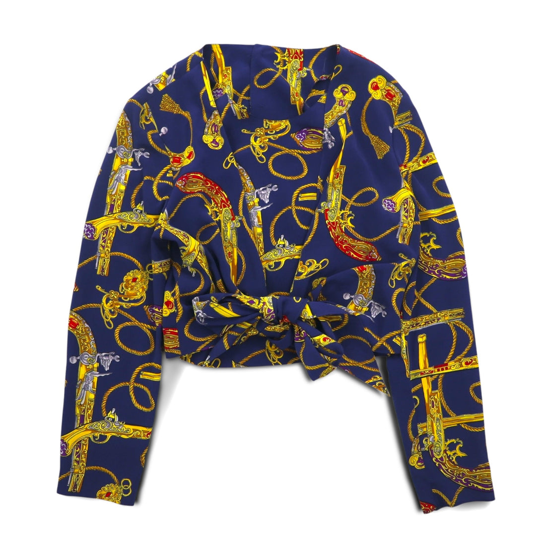 Vintage 90s Retro Blouse Front-tied cropped shirt Retro blouse M Navy Back button Gold button Scarf All-over pattern Ribbon-tied hem