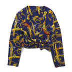 Vintage 90s Retro Blouse Front-tied cropped shirt Retro blouse M Navy Back button Gold button Scarf All-over pattern Ribbon-tied hem