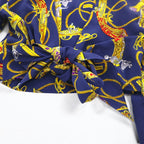 Vintage 90s Retro Blouse Front-tied cropped shirt Retro blouse M Navy Back button Gold button Scarf All-over pattern Ribbon-tied hem