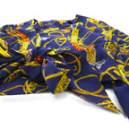 Vintage 90s Retro Blouse Front-tied cropped shirt Retro blouse M Navy Back button Gold button Scarf All-over pattern Ribbon-tied hem