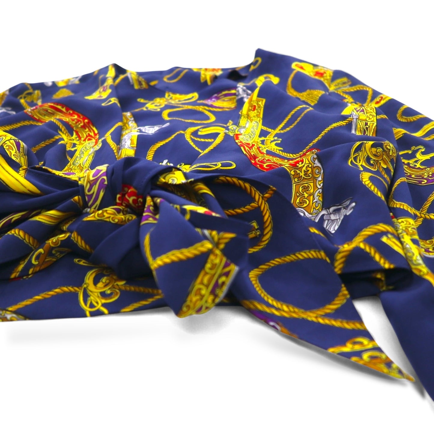 Vintage 90s Retro Blouse Front-tied cropped shirt Retro blouse M Navy Back button Gold button Scarf All-over pattern Ribbon-tied hem