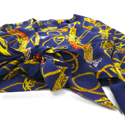 Vintage 90s Retro Blouse Front-tied cropped shirt Retro blouse M Navy Back button Gold button Scarf All-over pattern Ribbon-tied hem