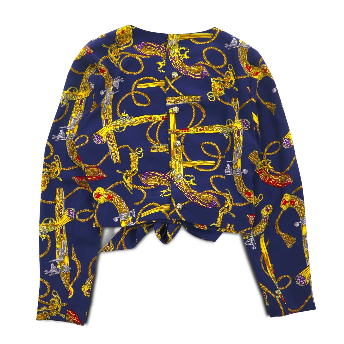 Vintage 90s Retro Blouse Front-tied cropped shirt Retro blouse M Navy Back button Gold button Scarf All-over pattern Ribbon-tied hem