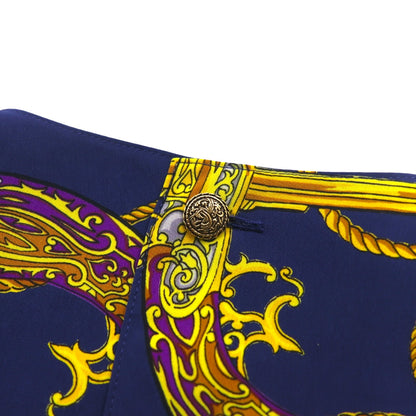 Vintage 90s Retro Blouse Front-tied cropped shirt Retro blouse M Navy Back button Gold button Scarf All-over pattern Ribbon-tied hem