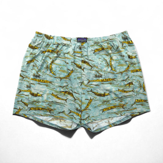 patagonia 00年代 USA製 キャプリーン Capilene トランクス ショートパンツ L ブルー 総柄 魚 45111