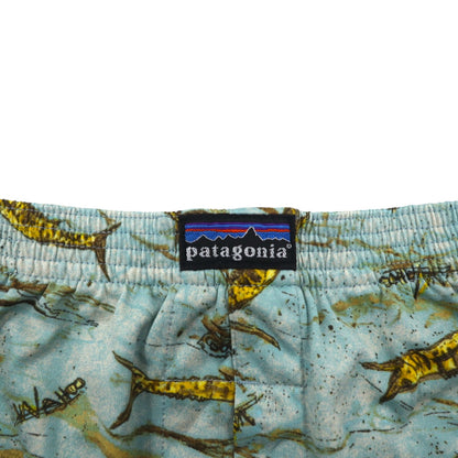 patagonia 00年代 USA製 キャプリーン Capilene トランクス ショートパンツ L ブルー 総柄 魚 45111