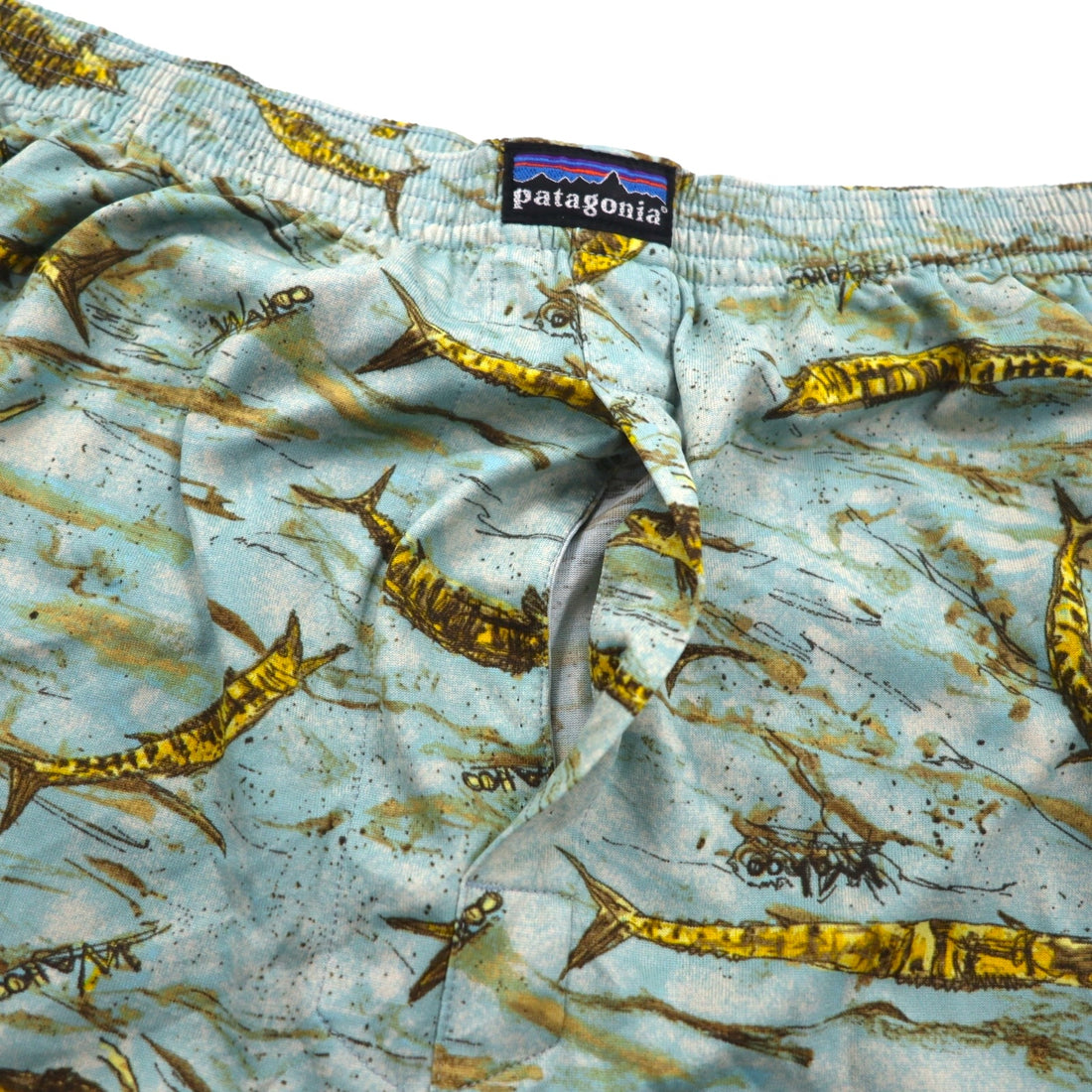 patagonia 00年代 USA製 キャプリーン Capilene トランクス ショートパンツ L ブルー 総柄 魚 45111