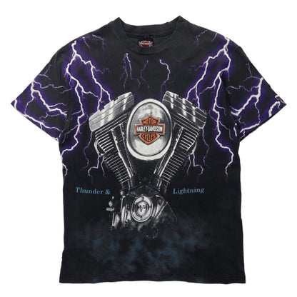 日本然リトテ-古着オンライン-USA製 HARLEY DAVIDSON 90年代 オーバープリント Tシャツ M ブラック 総柄 雷 稲妻 THUNDER & LIGHTNING コットン Hanes BEEFY-T-USA Made Harley Davidson 90s Overprint T-shirt M Black Patterned Thunder & Lightning Cotton Hanes Beefy-T