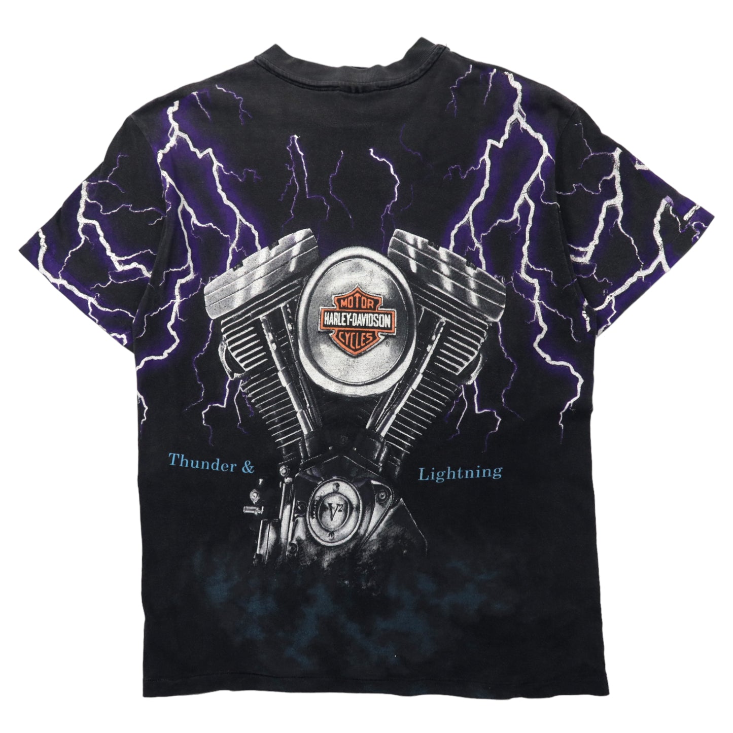 USA製 HARLEY DAVIDSON 90年代 オーバープリント Tシャツ M ブラック 総柄 雷 稲妻 THUNDER & LIGHTNING コットン Hanes BEEFY-T