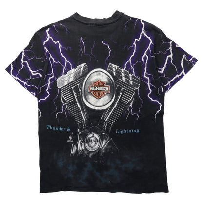 USA製 HARLEY DAVIDSON 90年代 オーバープリント Tシャツ M ブラック 総柄 雷 稲妻 THUNDER & LIGHTNING コットン Hanes BEEFY-T