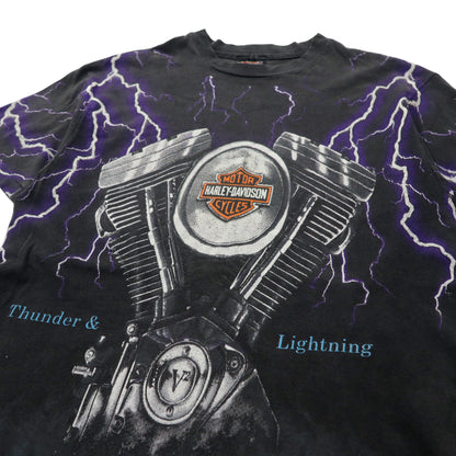 USA製 HARLEY DAVIDSON 90年代 オーバープリント Tシャツ M ブラック 総柄 雷 稲妻 THUNDER & LIGHTNING コットン Hanes BEEFY-T