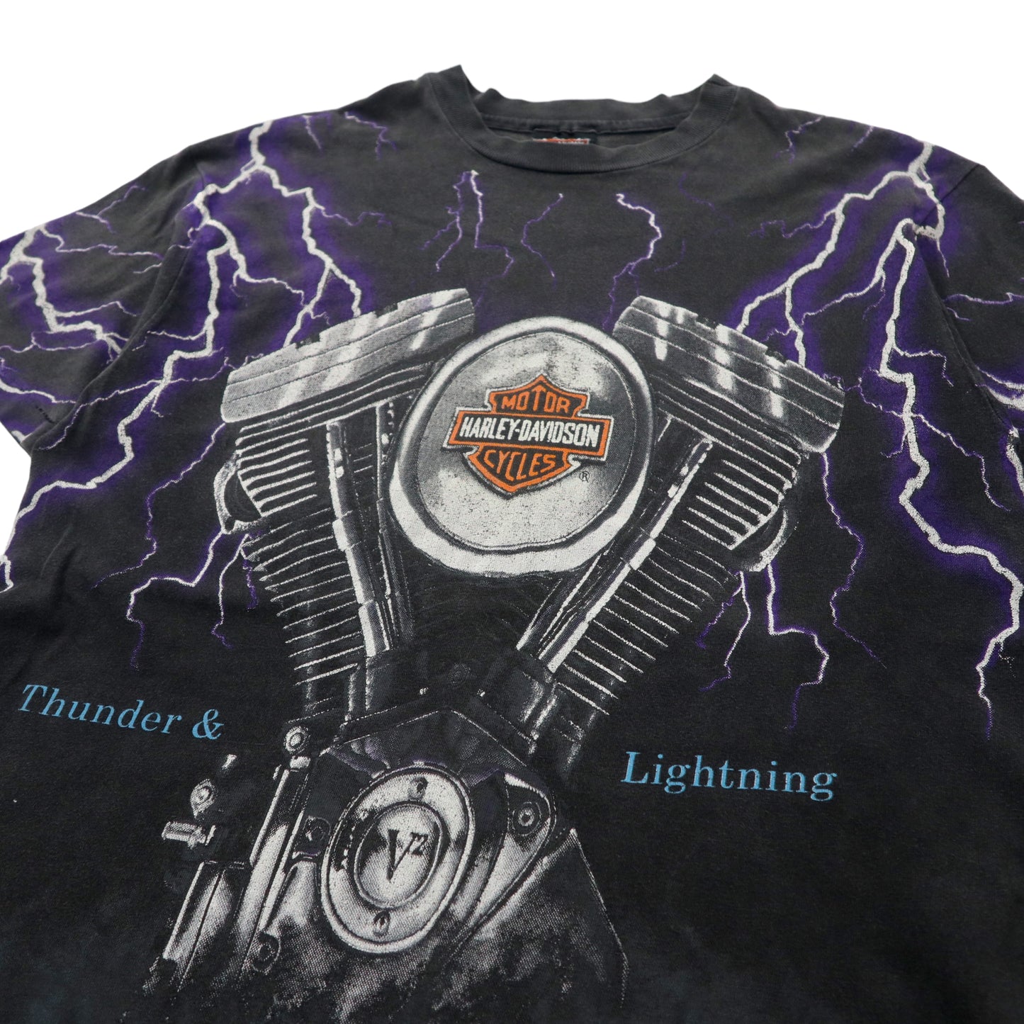USA Made Harley Davidson 90s Overprint T-shirt M Black Patterned Thunder &  Lightning Cotton Hanes Beefy-T