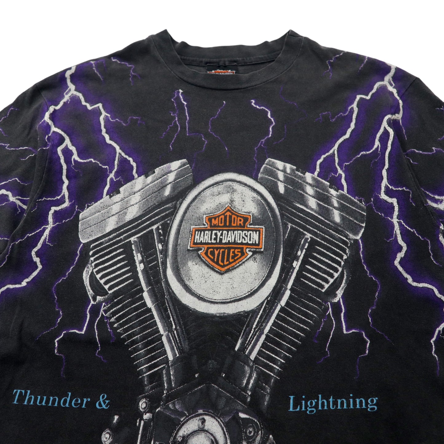 USA製 HARLEY DAVIDSON 90年代 オーバープリント Tシャツ M ブラック 総柄 雷 稲妻 THUNDER & LIGHTNING コットン Hanes BEEFY-T