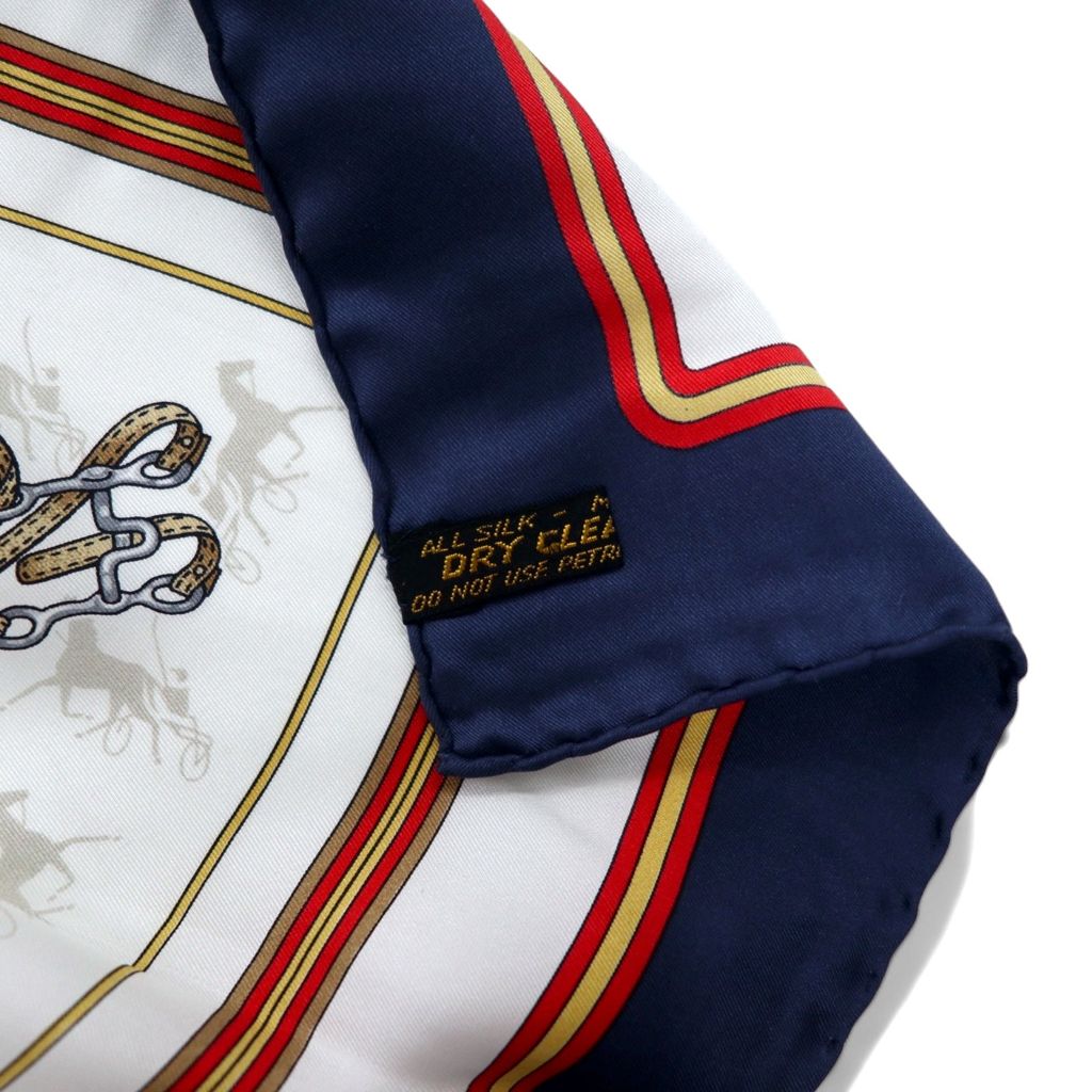 CELINE Made in Italy Old Scarf Navy White Silk Horse Harness All-over Pattern Unused