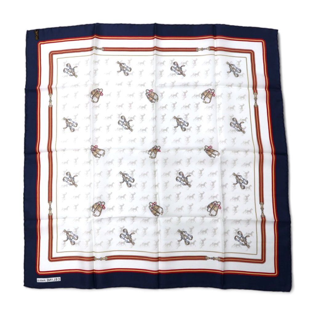 CELINE Made in Italy Old Scarf Navy White Silk Horse Harness All-over Pattern Unused