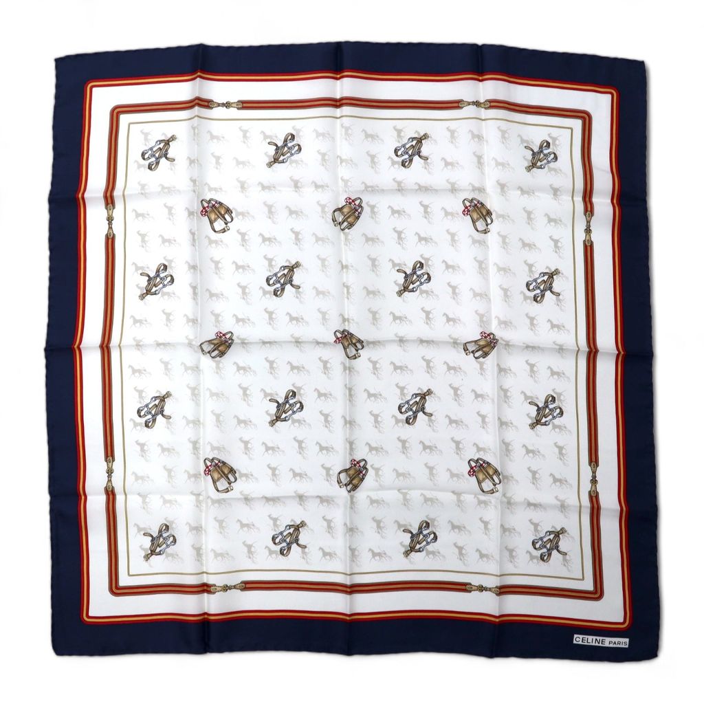 日本然リトテ-古着オンライン-CELINE イタリア製 オールド スカーフ ネイビー ホワイト シルク 馬具 ホース 総柄 未使用品-CELINE Italy Made Vintage Scarf Navy White Silk Horse Tackle Hose patterned Unused