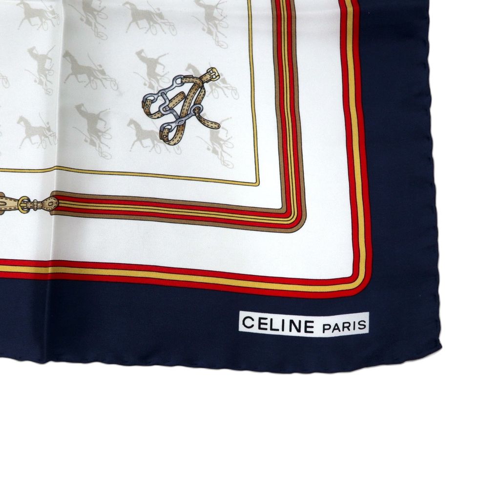 CELINE Made in Italy Old Scarf Navy White Silk Horse Harness All-over Pattern Unused