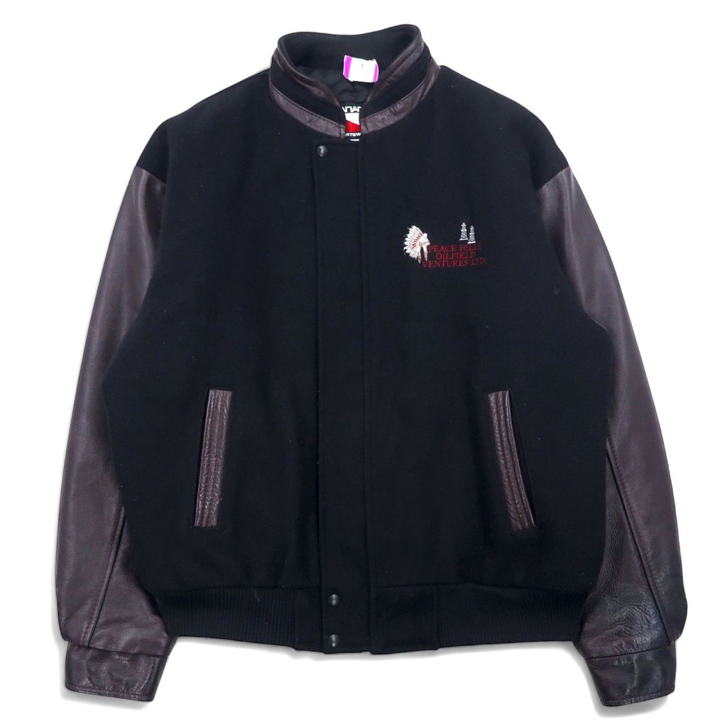 日本然リトテ-古着オンライン-CANADA SPORTSWEAR カナダ製 袖レザー スタジャン XL ブラック ウール レザー 刺繍 PEACE HILLS-CANADA SPORTSWEAR Canada Made Sleeve Leather Varsity Jacket XL Black Wool Leather Embroidery PEACE HILLS