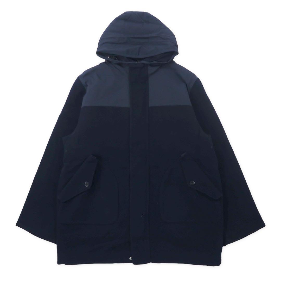NAUTICA 異素材切り替え オーバーコート XL ネイビー ウール フード収納式 ダブルジップ