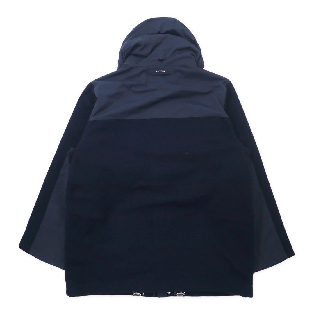 NAUTICA 異素材切り替え オーバーコート XL ネイビー ウール フード収納式 ダブルジップ