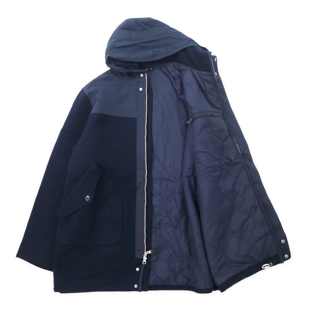 NAUTICA 異素材切り替え オーバーコート XL ネイビー ウール フード収納式 ダブルジップ
