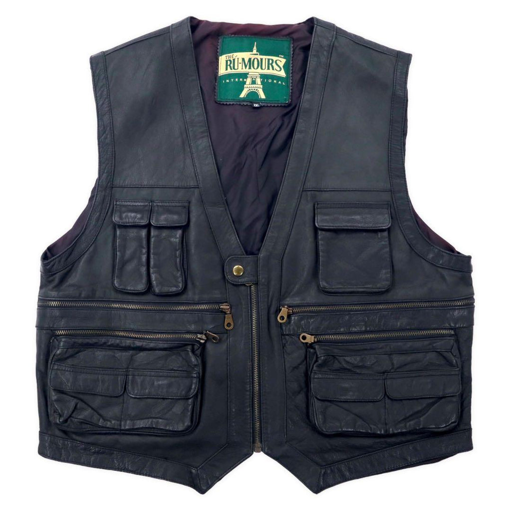 THE RU-MOURS INTERNATIONAL Leather Hunting Vest XXL Black Cowhide Multi-Pocket Zip Up