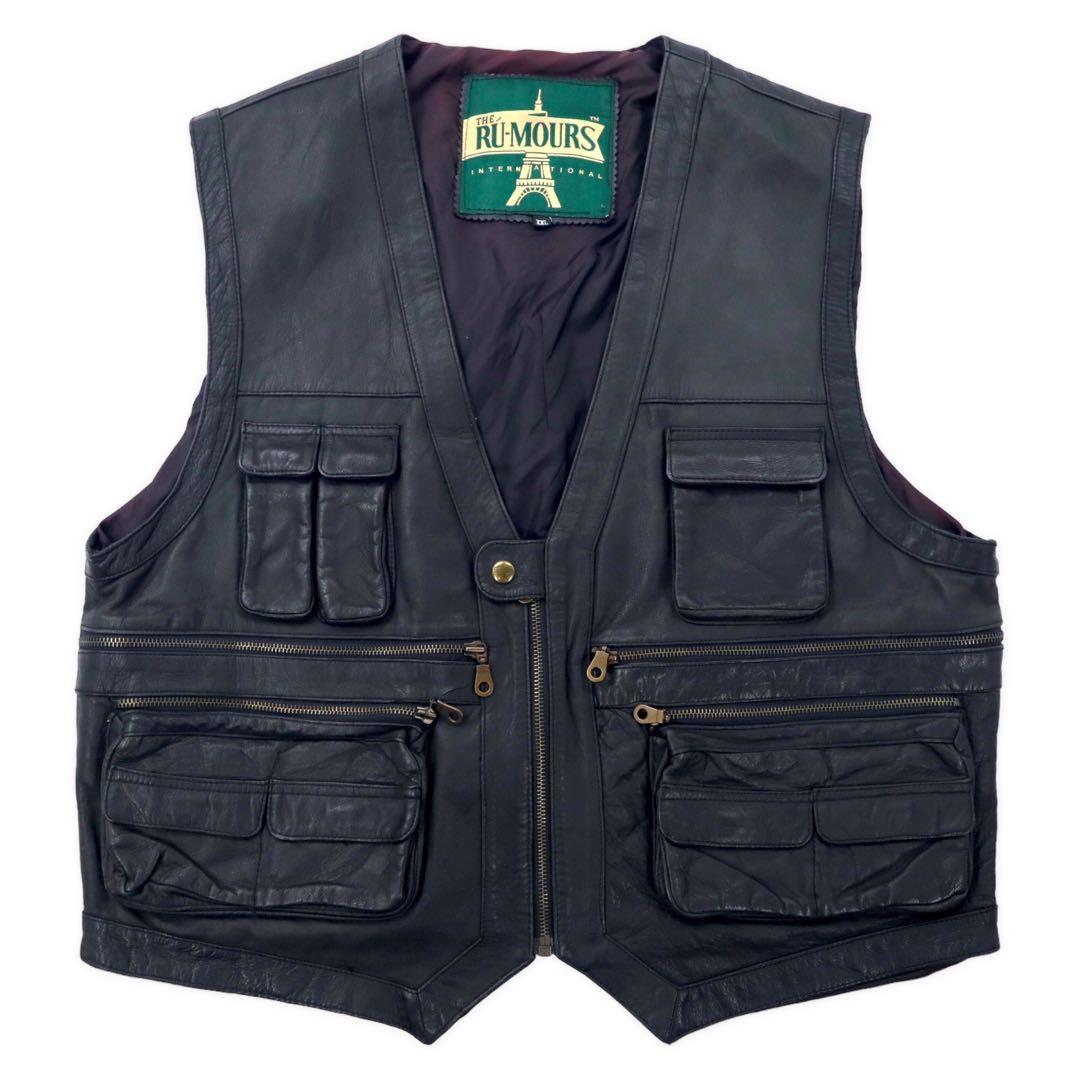 THE RU-MOURS INTERNATIONAL Leather Hunting Vest XXL Black Cowhide Multi-Pocket Zip Up