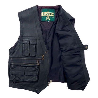 THE RU-MOURS INTERNATIONAL Leather Hunting Vest XXL Black Cowhide Multi-Pocket Zip Up