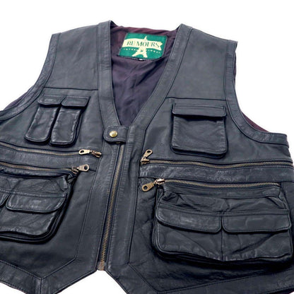 THE RU-MOURS INTERNATIONAL Leather Hunting Vest XXL Black Cowhide Multi-Pocket Zip Up