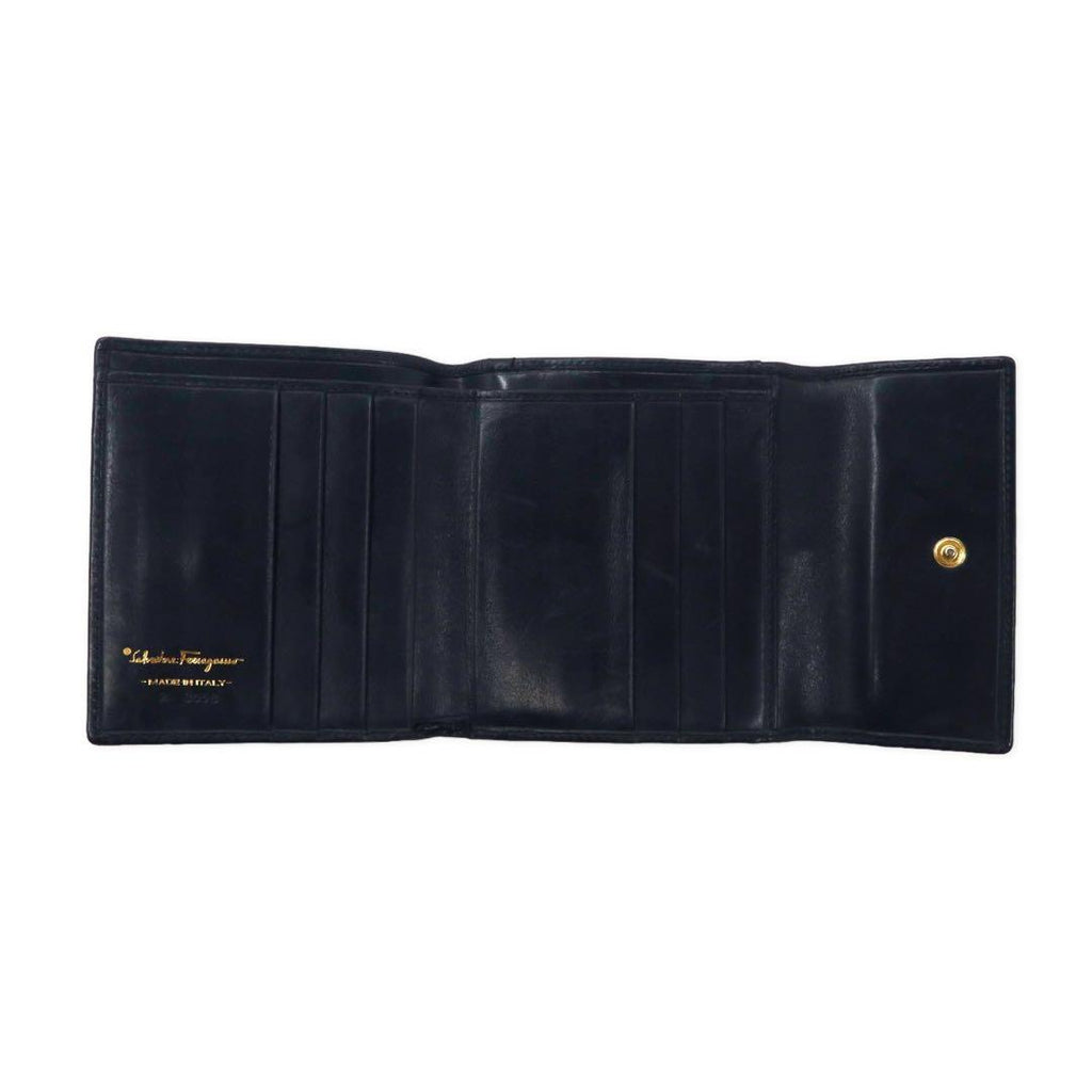 Salvatore Ferragamo Rose Ribbon Clasp Bifold Wallet Leather Black