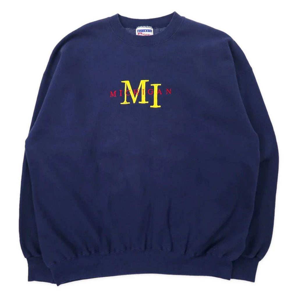Hanes 90's ULTIMATE COTTON College Embroidery Sweatshirt XL Navy Cotton Brushed Back MICHIGAN Big Size