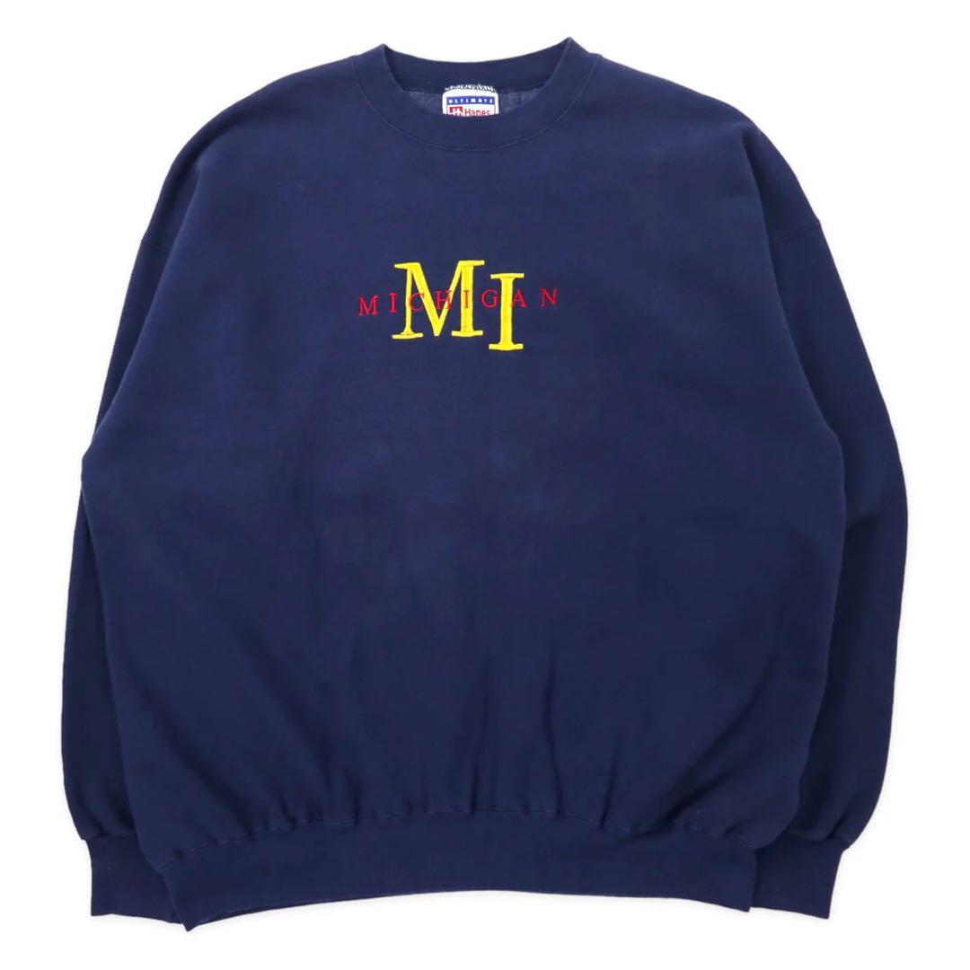 Hanes 90's ULTIMATE COTTON College Embroidery Sweatshirt XL Navy Cotton Brushed Back MICHIGAN Big Size