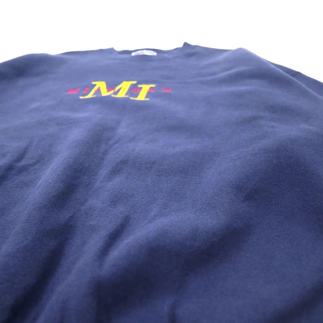 Hanes 90's ULTIMATE COTTON College Embroidery Sweatshirt XL Navy Cotton Brushed Back MICHIGAN Big Size