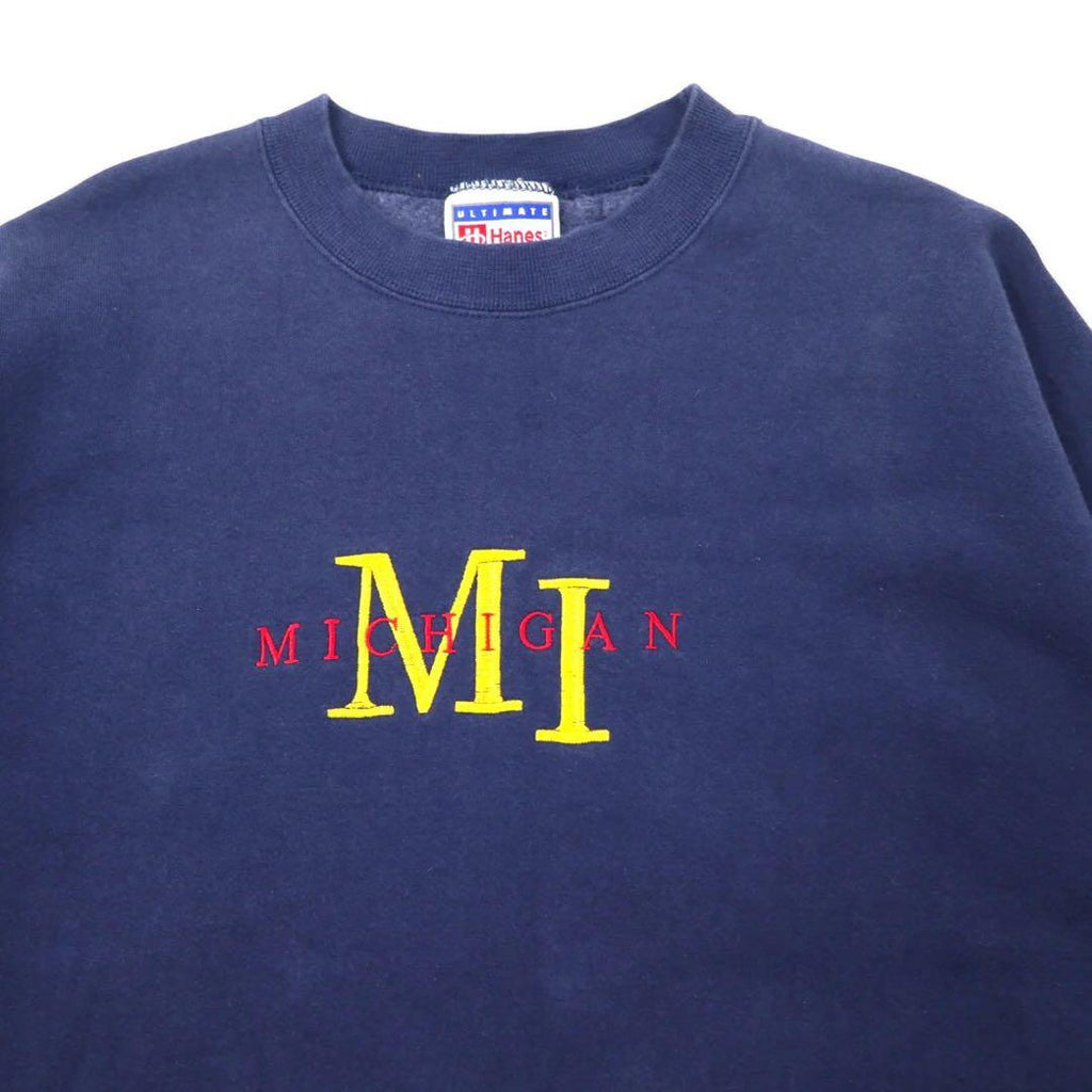 Hanes 90's ULTIMATE COTTON College Embroidery Sweatshirt XL Navy Cotton Brushed Back MICHIGAN Big Size