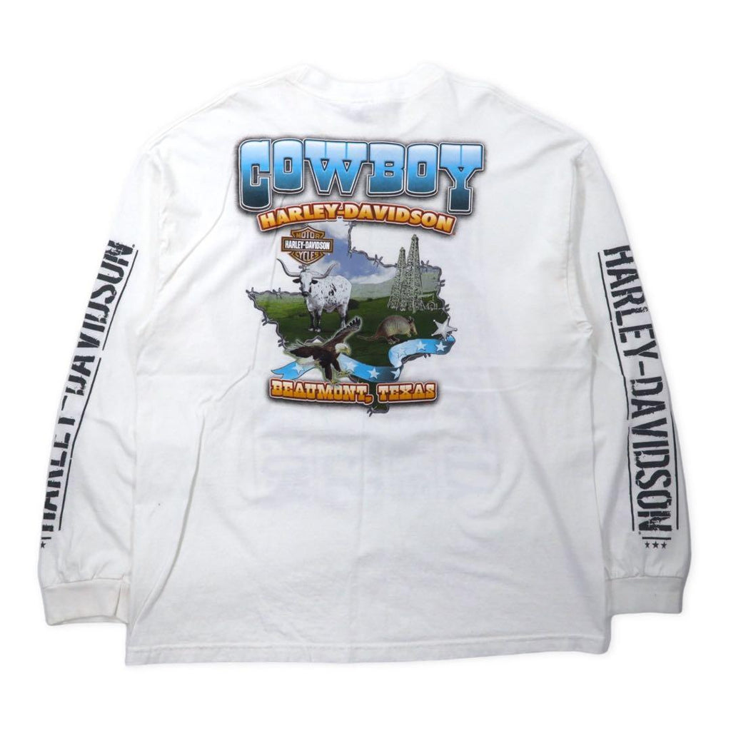 HARLEY DAVIDSON ロゴプリント ロングスリーブTシャツ ロンT 2XL ホワイト コットン 両面プリント 袖ロゴ BEAUMONT, TEXAS ビッグサイズ メキシコ製