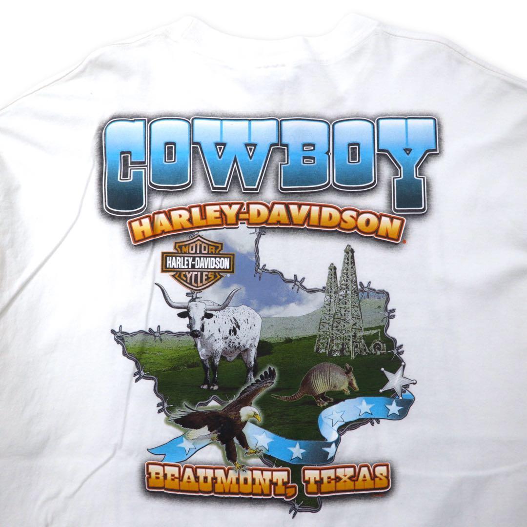 HARLEY DAVIDSON ロゴプリント ロングスリーブTシャツ ロンT 2XL ホワイト コットン 両面プリント 袖ロゴ BEAUMONT, TEXAS ビッグサイズ メキシコ製