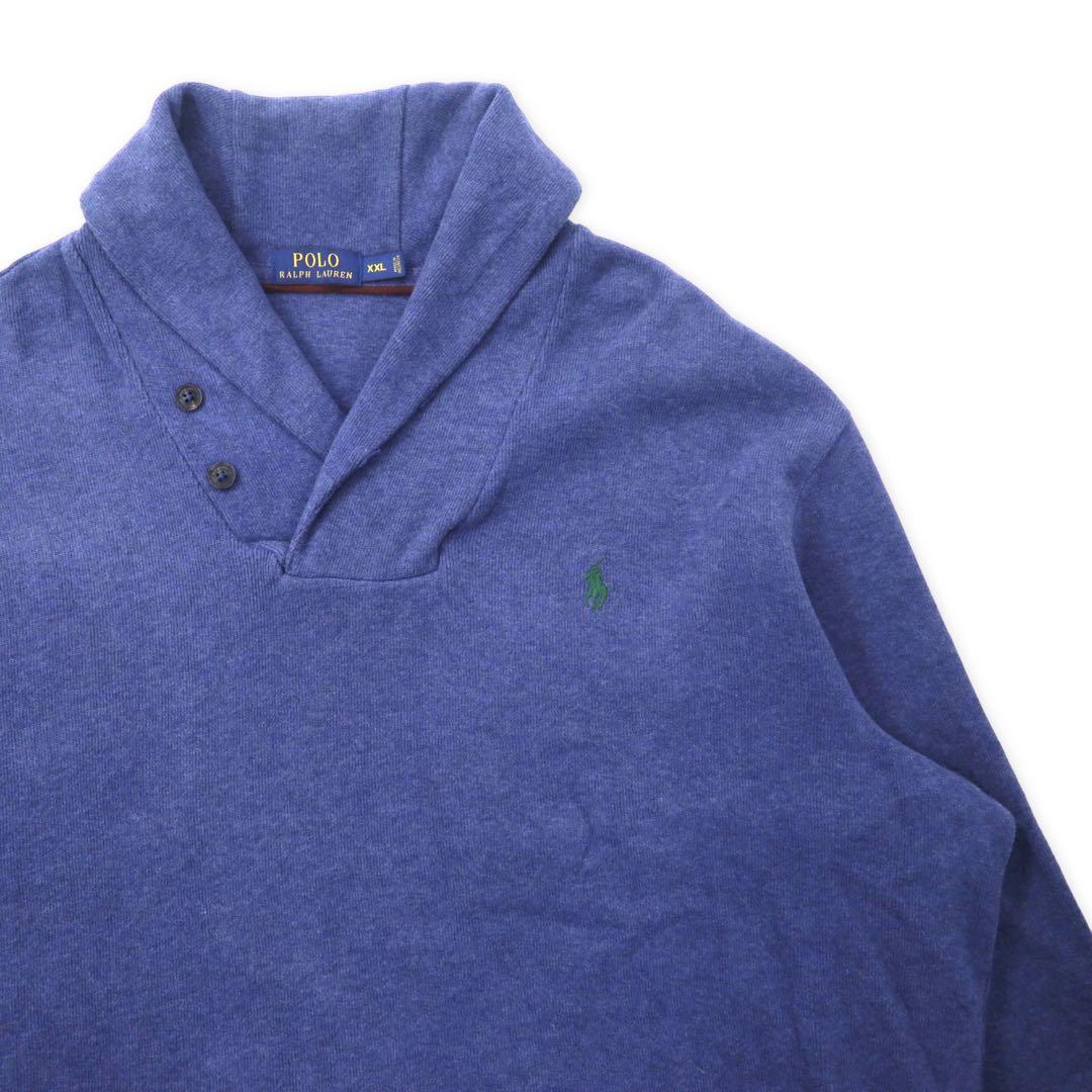 Polo by Ralph Lauren Shawl Collar Knit Sweater XXL Navy Cotton Leather Elbow Patch Small Pony Embroidery Big Size