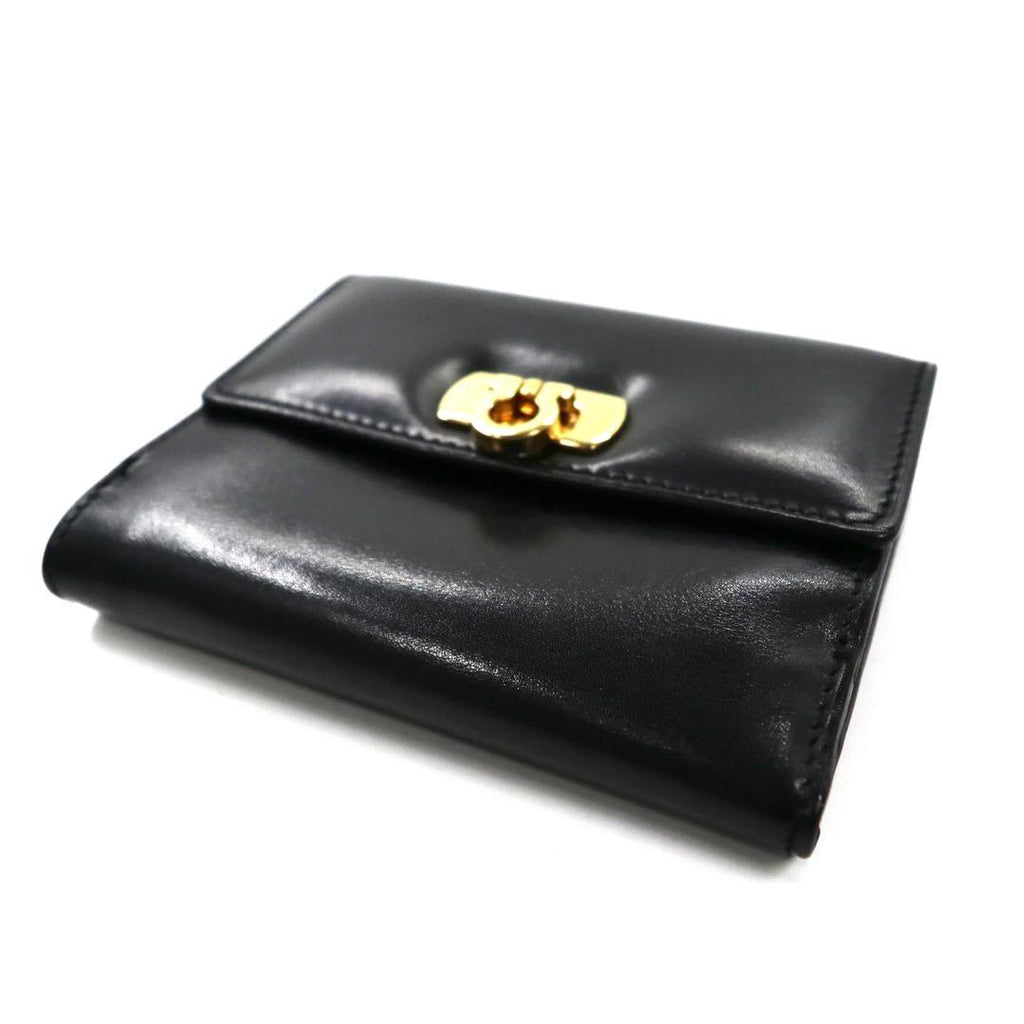 Salvatore Ferragamo Trifold Wallet Black Leather Gancini Hardware 224059 Made in Italy