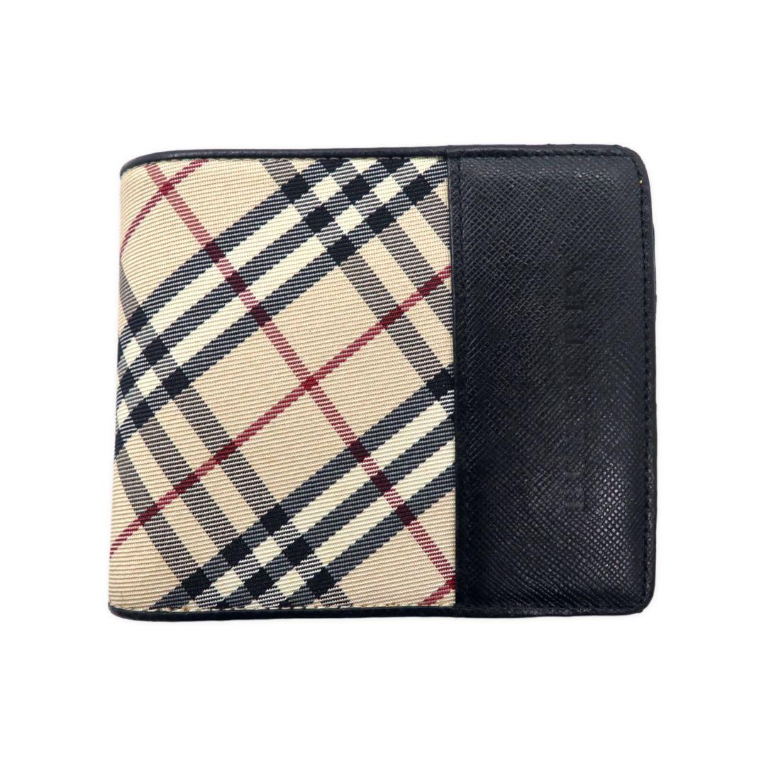 BURBERRY Nova Check Bifold Wallet Compact Wallet Beige Black Nylon Canvas Leather Multiple Storage
