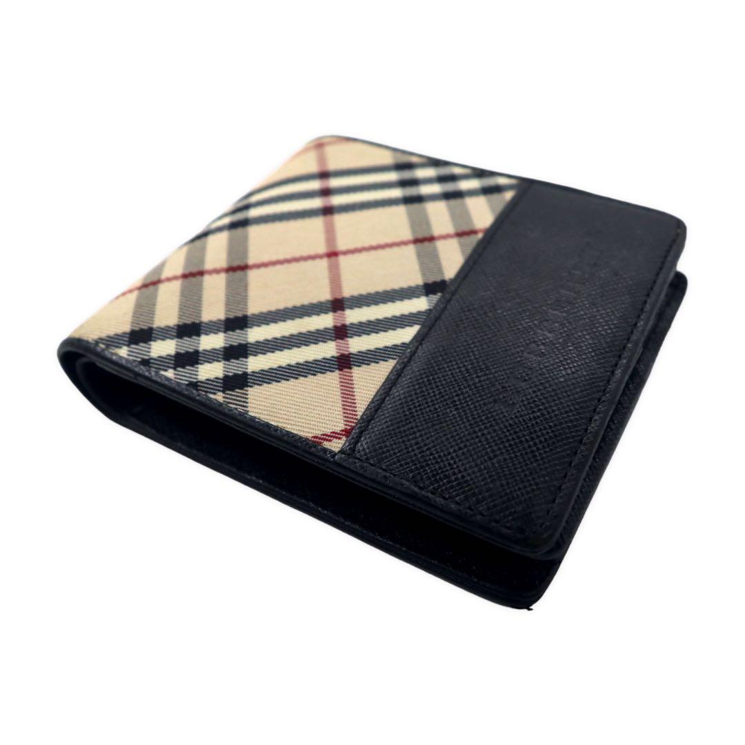 BURBERRY Nova Check Bifold Wallet Compact Wallet Beige Black Nylon Canvas Leather Multiple Storage